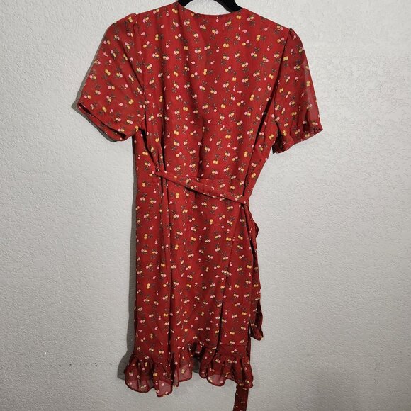 Grace & Chili Dress Red Floral Wrap Ruffle Fairy Floralcore  Cherry Peach - Picture 4 of 12
